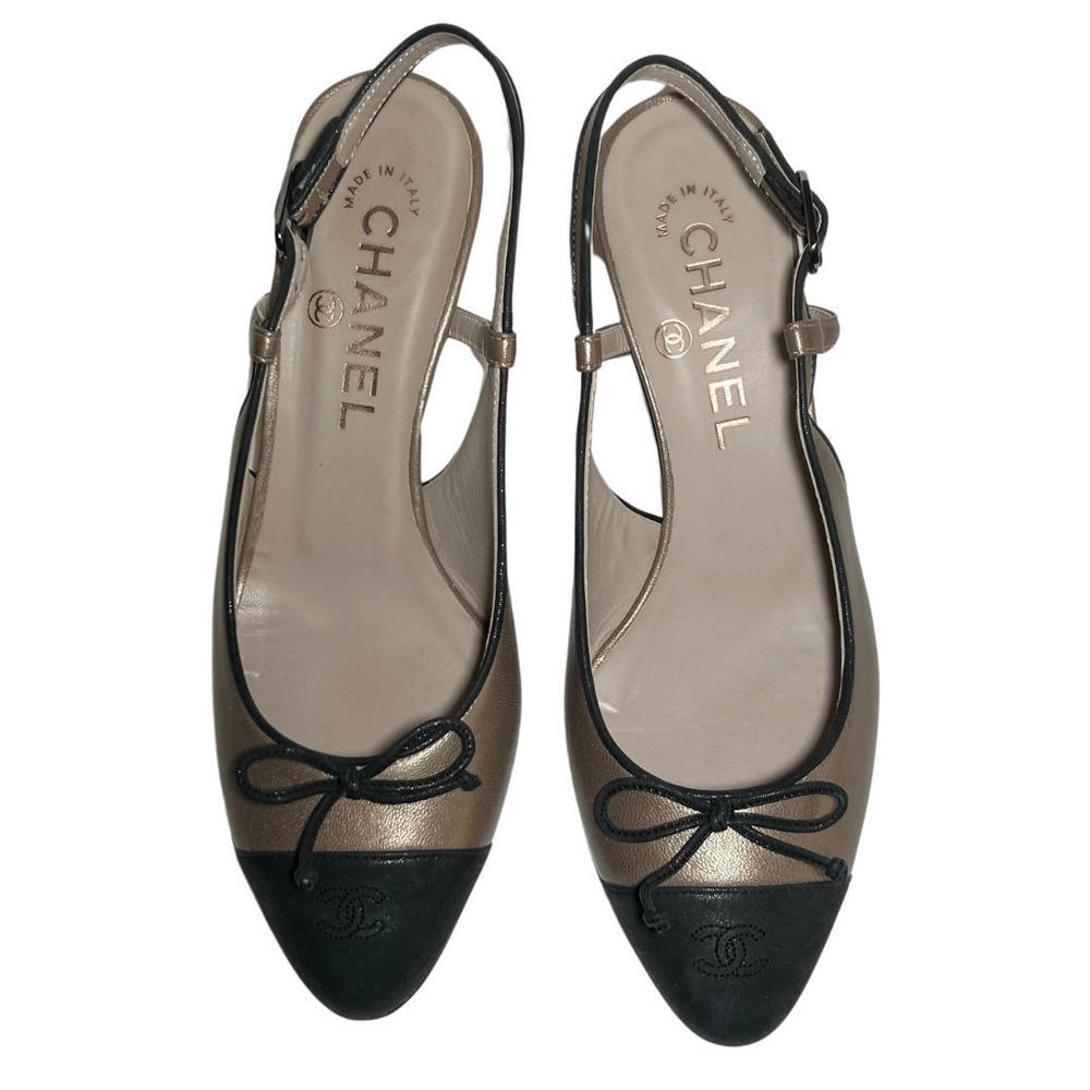 Authentic Chanel Champagne/CC Black Toe Tipped Bow Slingback Heels Size 36